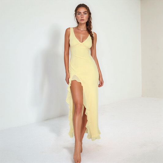 Maxi Dress with Ruffle Trim and Slit